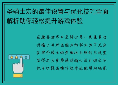 圣骑士宏的最佳设置与优化技巧全面解析助你轻松提升游戏体验 圣骑士宏的最佳设置与优化技巧全面解析助你轻松提升游戏体验